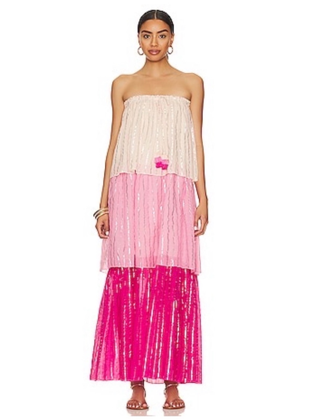 PQ SWIM Tiered Sequin Maxi Dress in Cream & Pink
